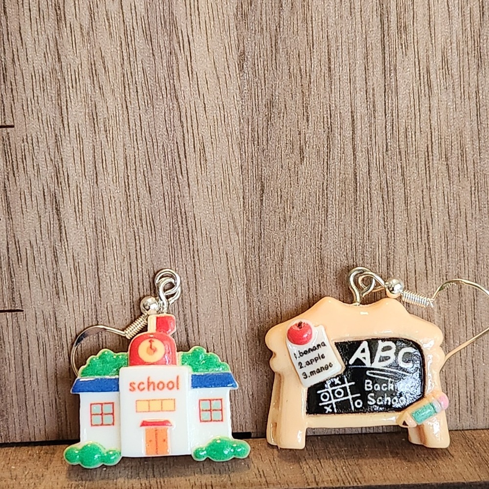 Back to School Mismatched Earrings Schoolhouse‎ Chalkboard Resin Teacher Gift